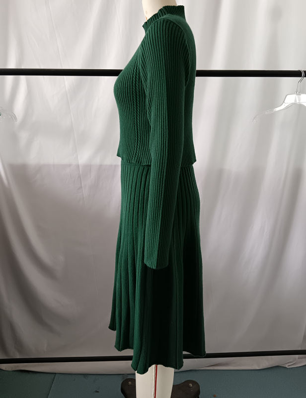 Green Knitted Sweater and A-line Skirt Set