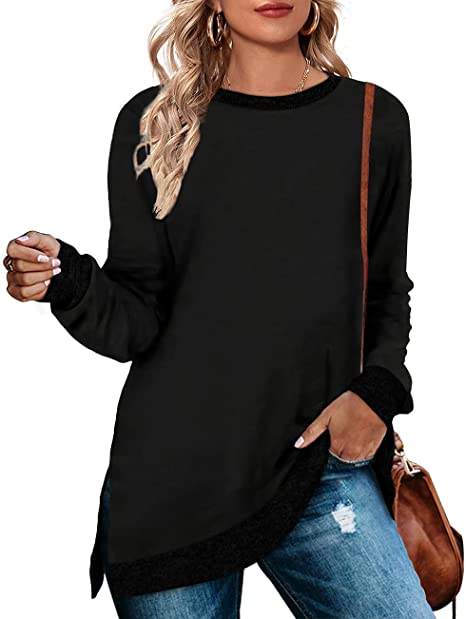 Black Splicing Side Slits Cotton Blend Long Sleeve Tops