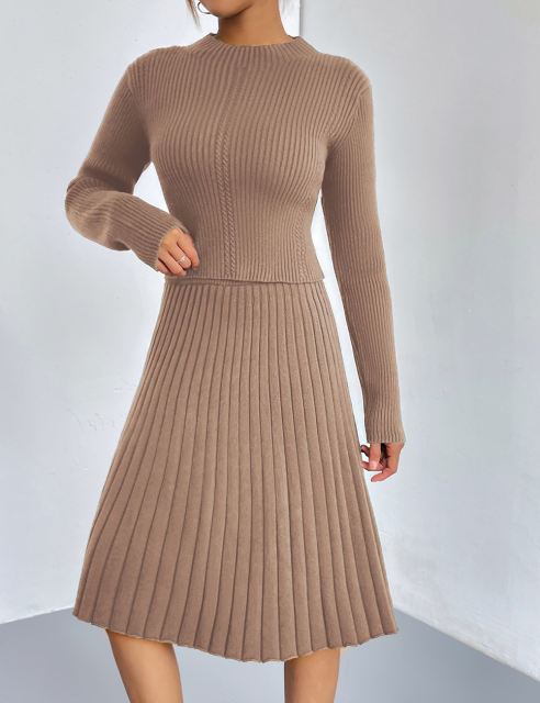 Khaki Knitted Sweater and A-line Skirt Set