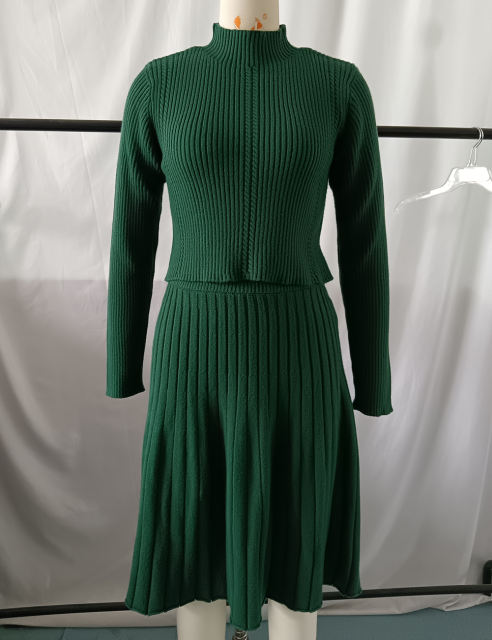 Green Knitted Sweater and A-line Skirt Set