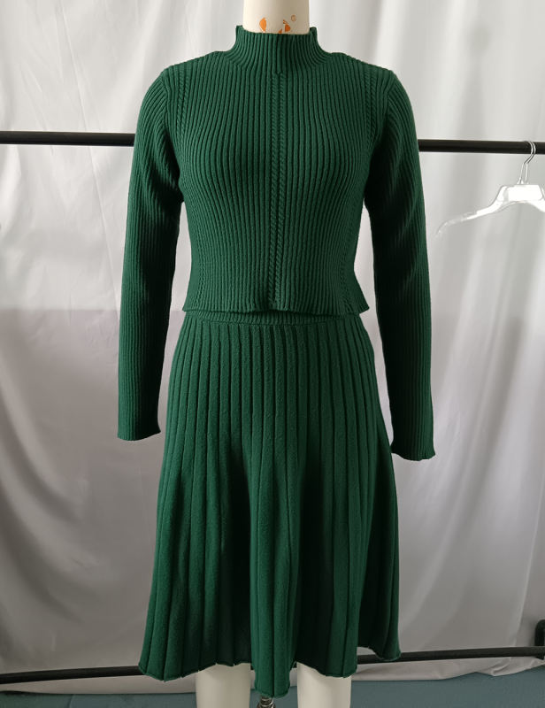 Green Knitted Sweater and A-line Skirt Set