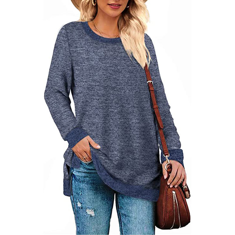 Blue Splicing Side Slits Cotton Blend Long Sleeve Tops