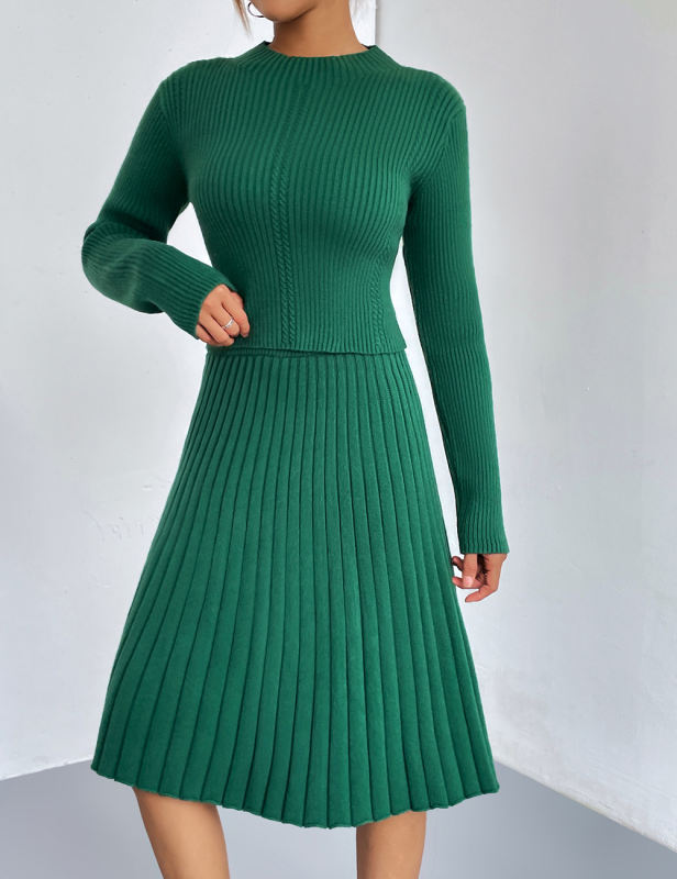 Green Knitted Sweater and A-line Skirt Set