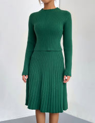 Green Knitted Sweater and A-line Skirt Set