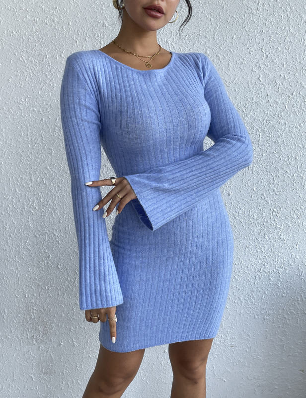 Blue Open Back Sim Fit Bell Sleeve Bodycon Dress