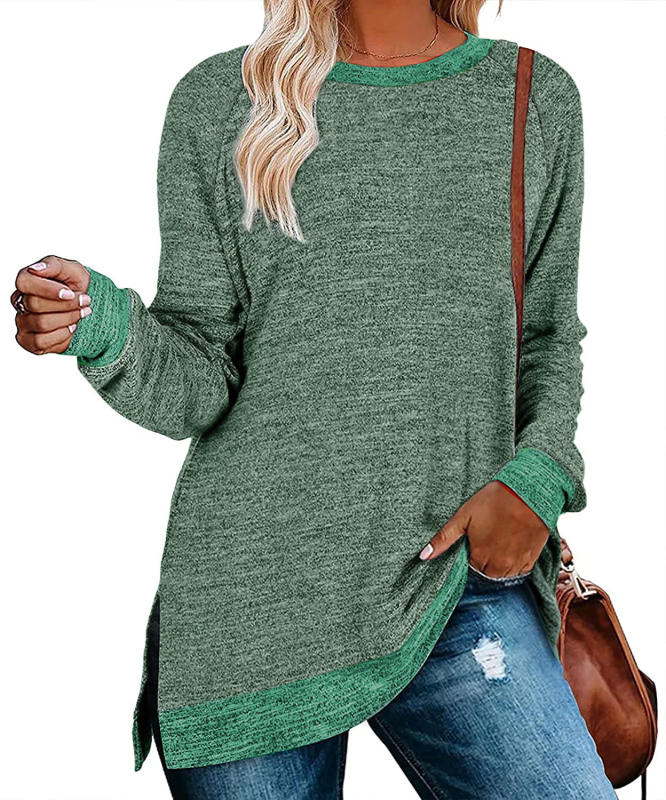 Army Green Splicing Side Slits Cotton Blend Long Sleeve Tops