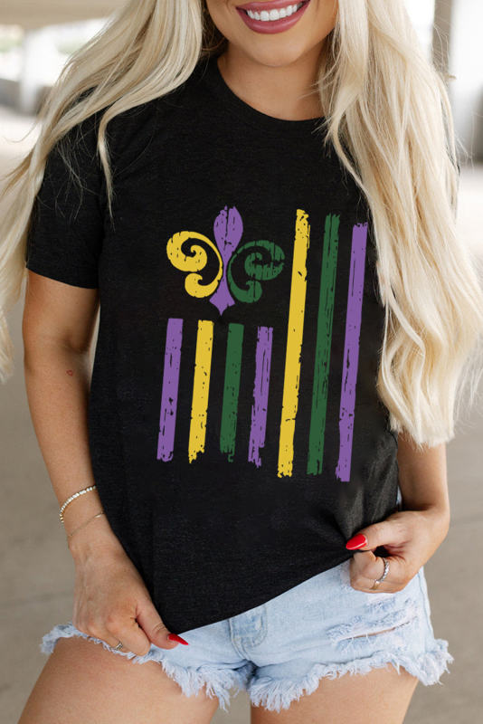 Black Mardi Gras Symbol Graphic Crew Neck T-shirt
