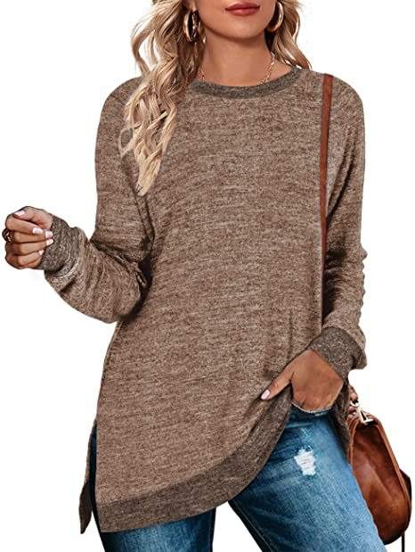 Coffee Splicing Side Slits Cotton Blend Long Sleeve Tops