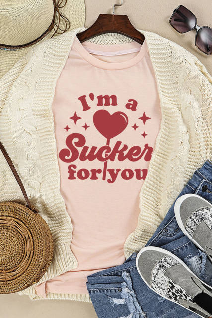 Pink Im a Sucker for you Valentines Slogan Graphic Tee