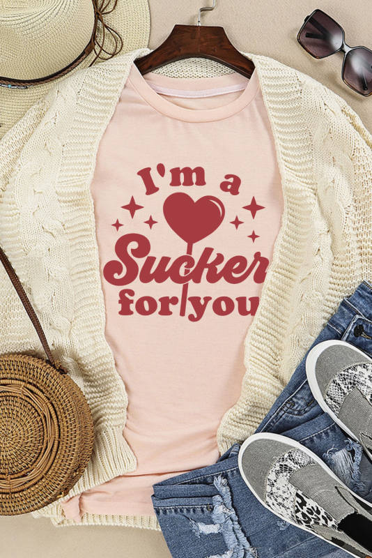 Pink Im a Sucker for you Valentines Slogan Graphic Tee