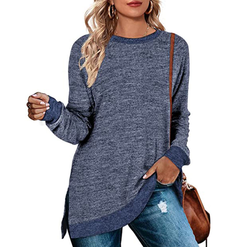 Blue Splicing Side Slits Cotton Blend Long Sleeve Tops