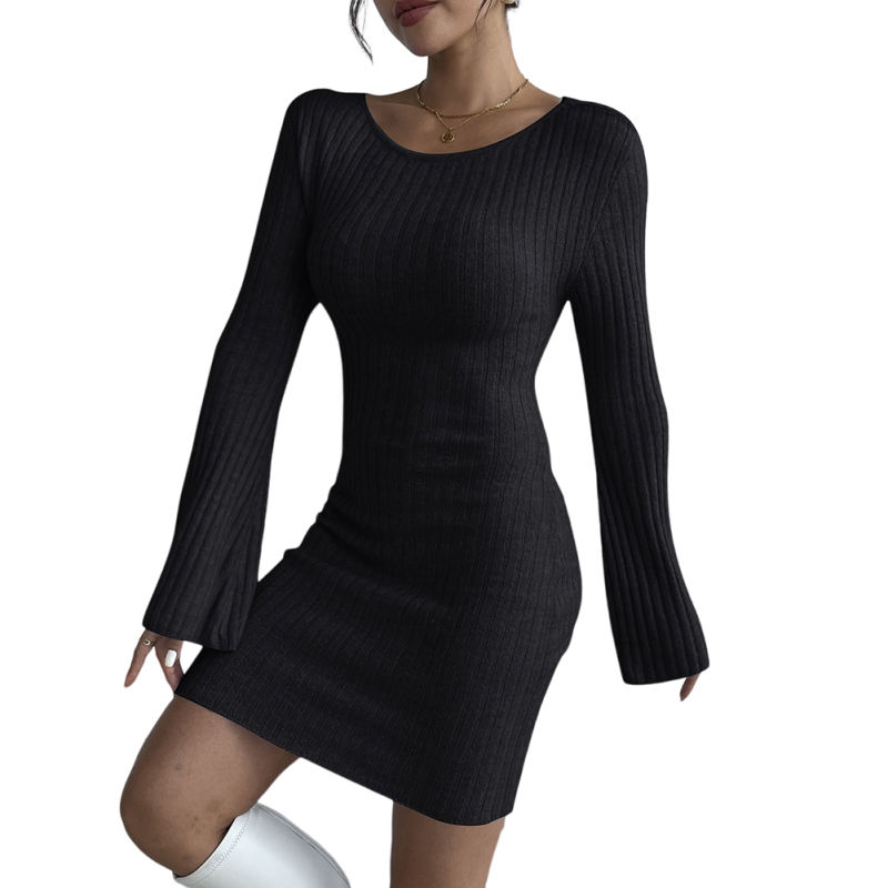 Black Open Back Sim Fit Bell Sleeve Bodycon Dress