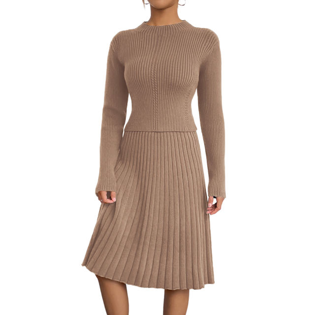 Khaki Knitted Sweater and A-line Skirt Set