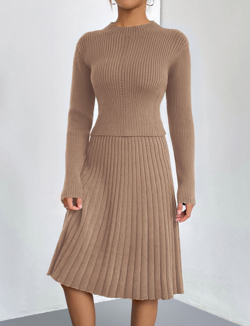 Khaki Knitted Sweater and A-line Skirt Set