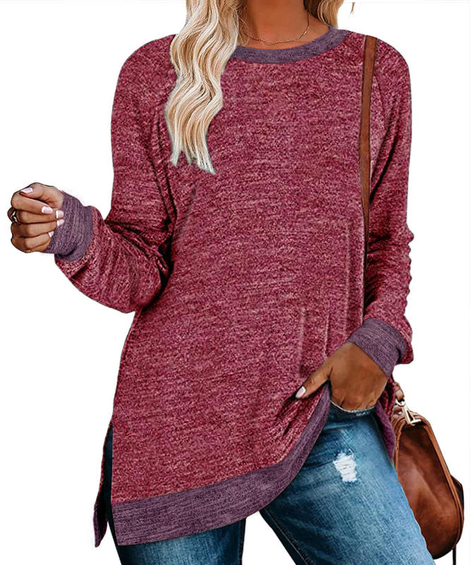 Red Splicing Side Slits Cotton Blend Long Sleeve Tops