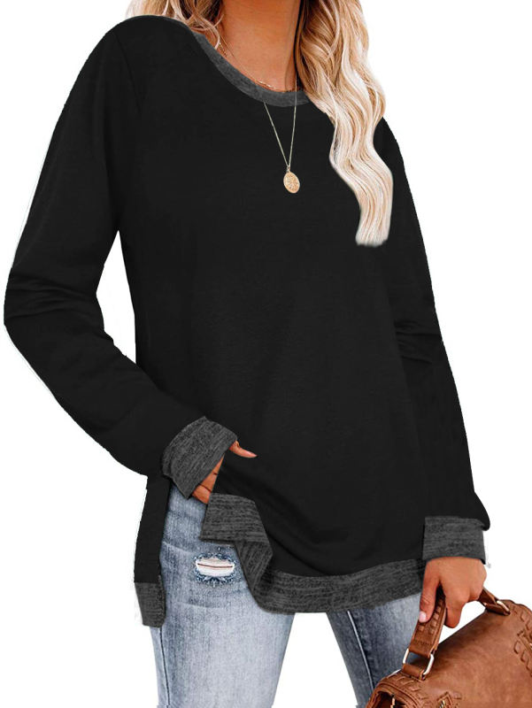 Black Splicing Side Slits Cotton Blend Long Sleeve Tops