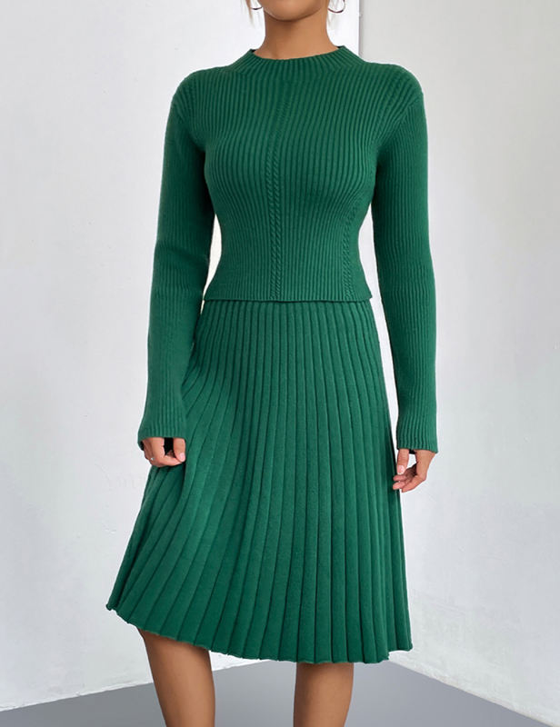 Green Knitted Sweater and A-line Skirt Set