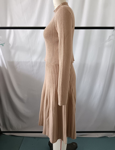 Khaki Knitted Sweater and A-line Skirt Set