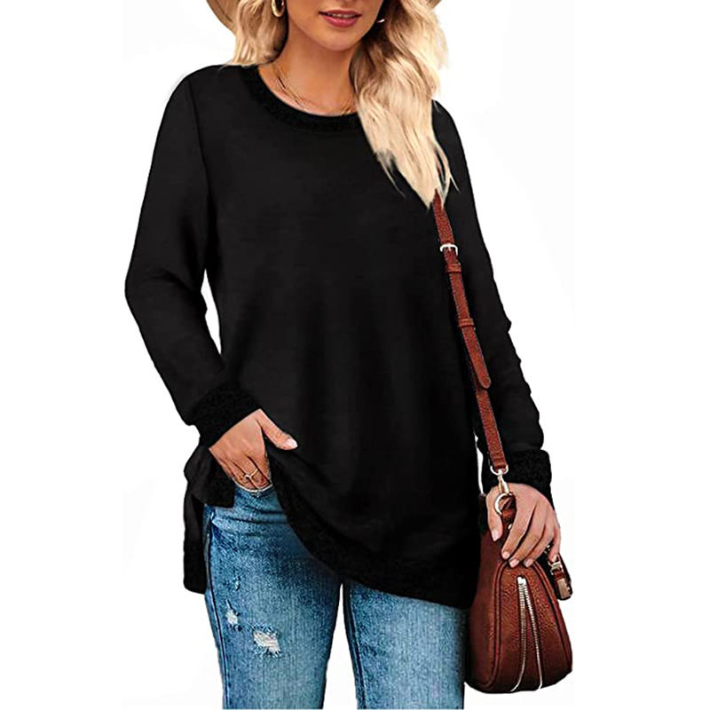 Black Splicing Side Slits Cotton Blend Long Sleeve Tops