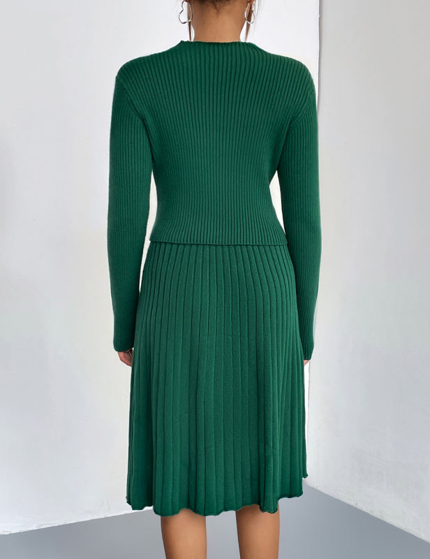 Green Knitted Sweater and A-line Skirt Set