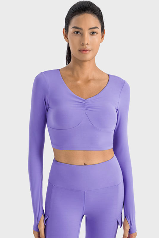 Lilac V Neck Long Sleeve Cropped Sports Top