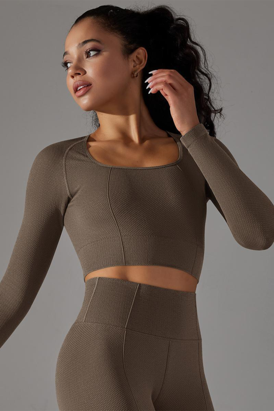 Dark Brown Textured Long Sleeved U Neck Yoga Top