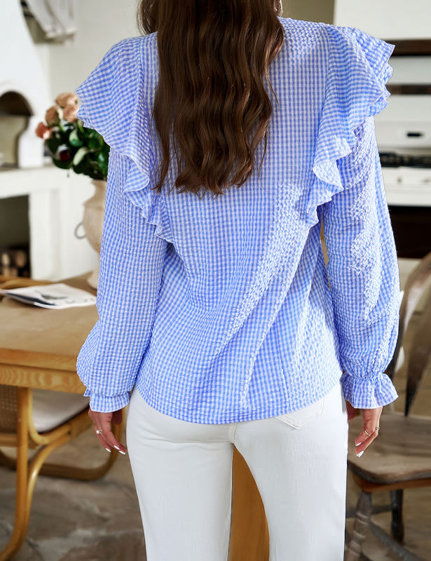 Blue Ruffle Detail Button V Neck Long Sleeve Shirt