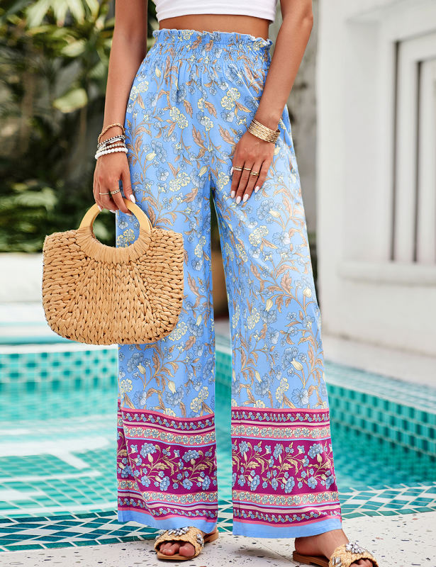 Blue Floral Print Pleated Wide Leg Pants