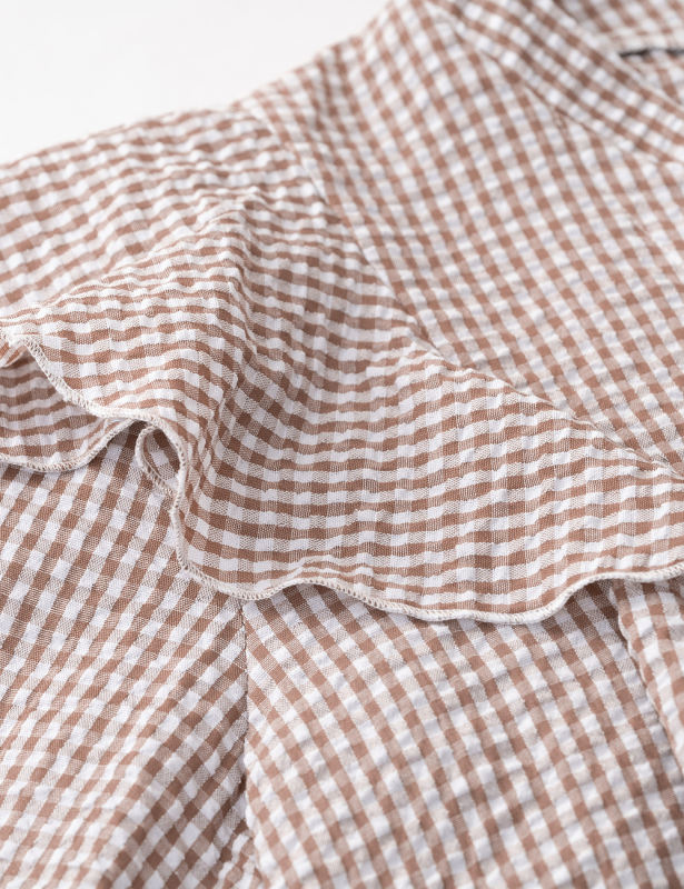 Khaki Ruffle Detail Button V Neck Long Sleeve Shirt