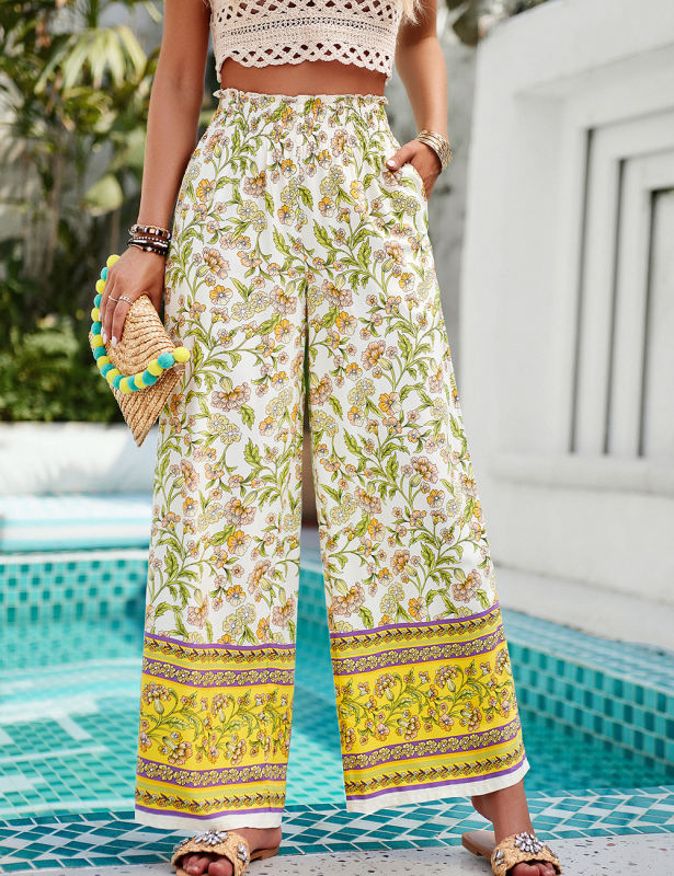 Yellow Floral Print Pleated Wide Leg Pants