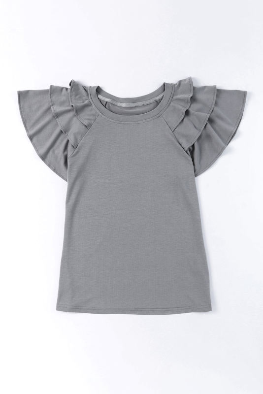 Gray Plain Tiered Ruffled Short Sleeve T Shirt