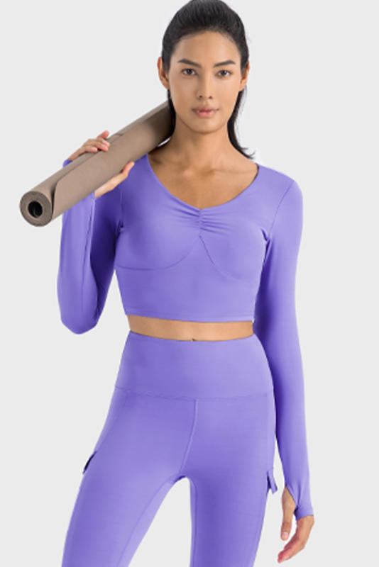 Lilac V Neck Long Sleeve Cropped Sports Top