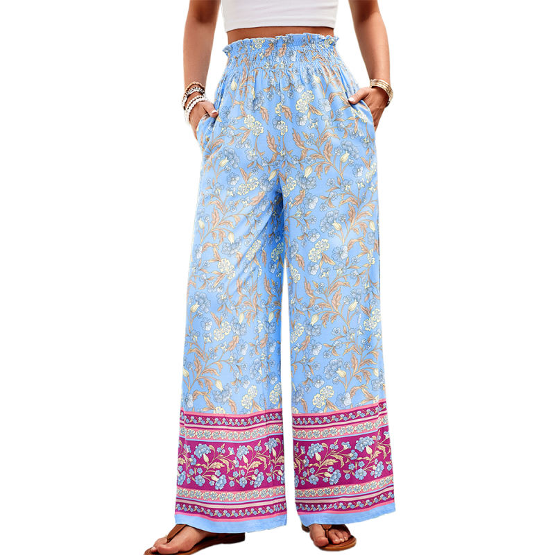 Blue Floral Print Pleated Wide Leg Pants