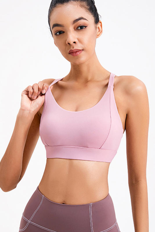 Pink Solid Color Criss Cross Back Push up Sports Bra