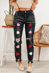 Black Chenille Heart Patched Ripped Vintage Washed Jeans