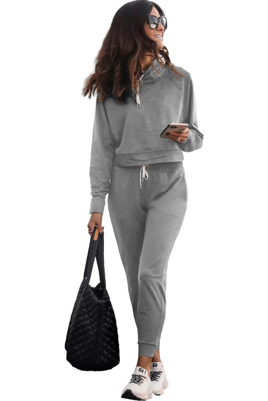 Gray Drawstring Hoodie and High Waist Pants Lounge Set