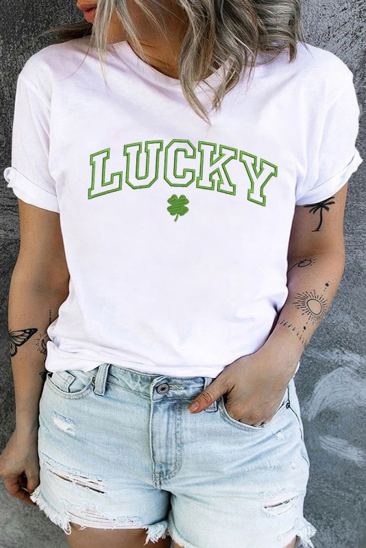 White Plus Size LUCKY Clover Embroidered Graphic Tee