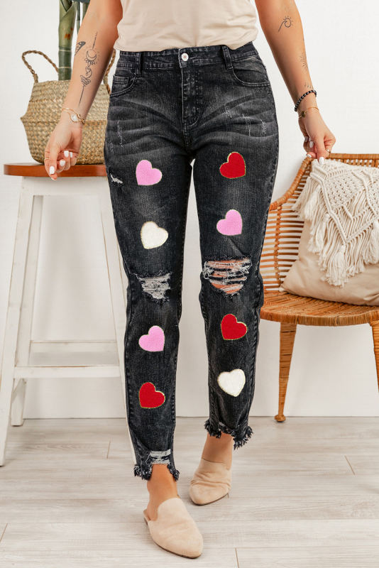 Black Chenille Heart Patched Ripped Vintage Washed Jeans