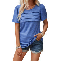 Blue Solid Color Round Neck Short Sleeve Tees
