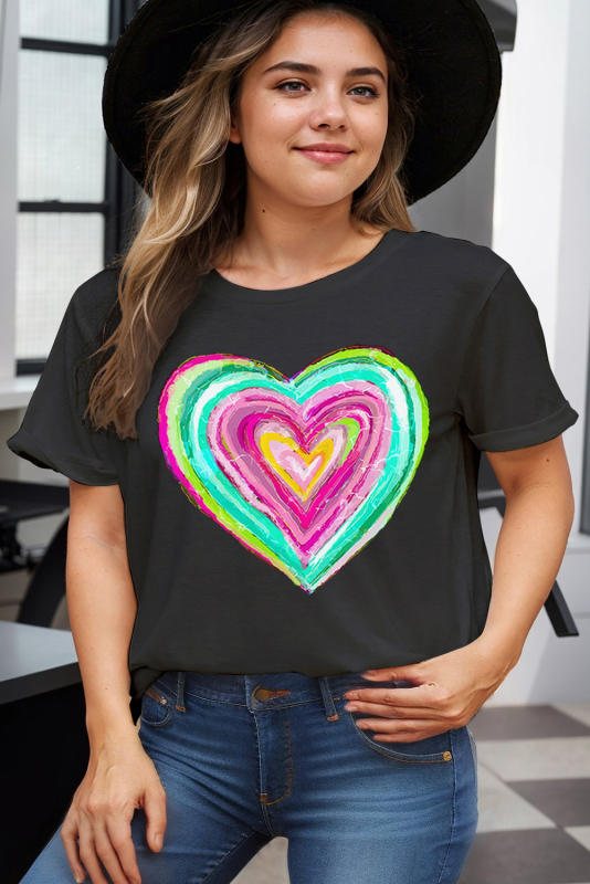 Black Colorful Heart Shaped Print Plus Size T Shirt
