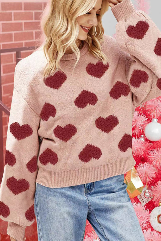 Light Pink Valentine's Day Heart Pattern Lantern Sleeve Sweater