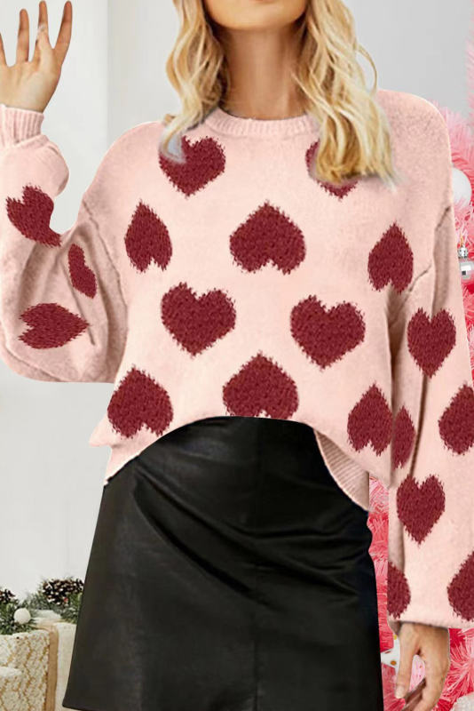 Light Pink Valentine's Day Heart Pattern Lantern Sleeve Sweater