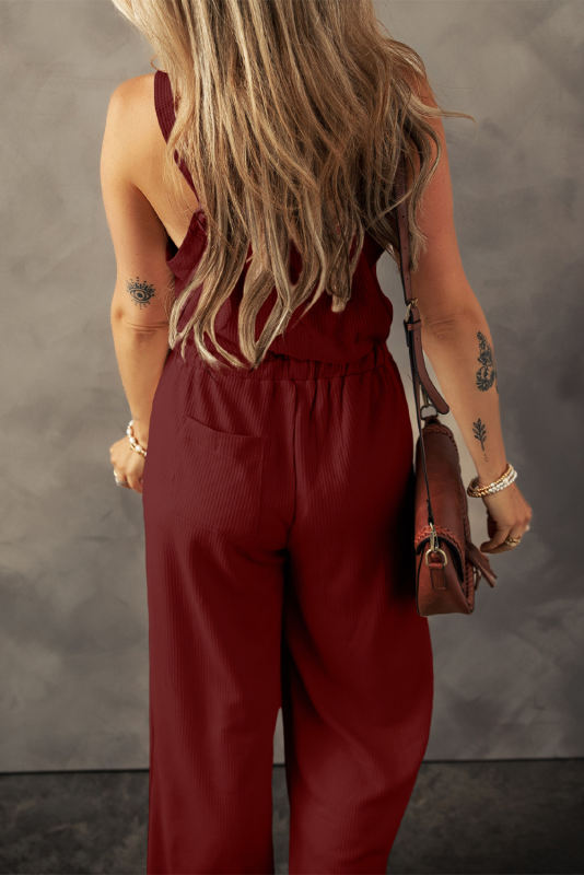Red Dahlia Knotted Straps Button Textured Drawstring Jumpsuit