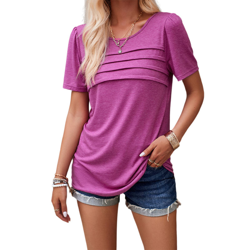 Purple Solid Color Round Neck Short Sleeve Tees