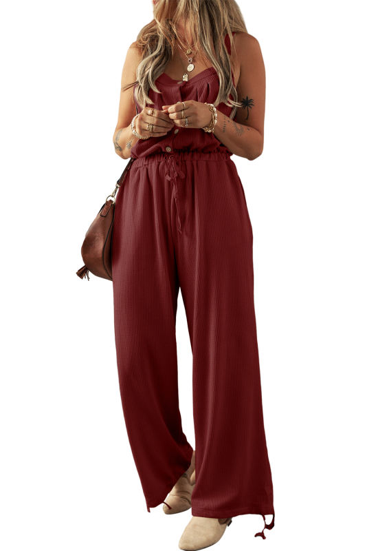 Red Dahlia Knotted Straps Button Textured Drawstring Jumpsuit