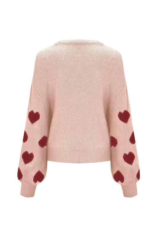 Light Pink Valentine's Day Heart Pattern Lantern Sleeve Sweater