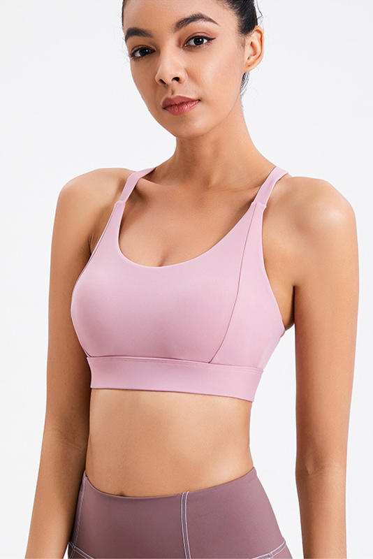 Pink Solid Color Criss Cross Back Push up Sports Bra
