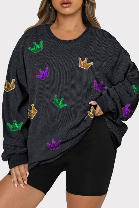 Black Sequin Crown Graphic Corded Mardi Gras Plus Sweatshirt