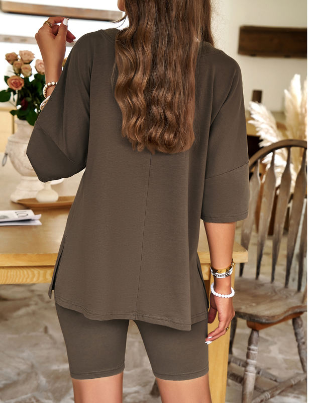 Brown V Neck 1/2 Sleeve Top and Shorts Set