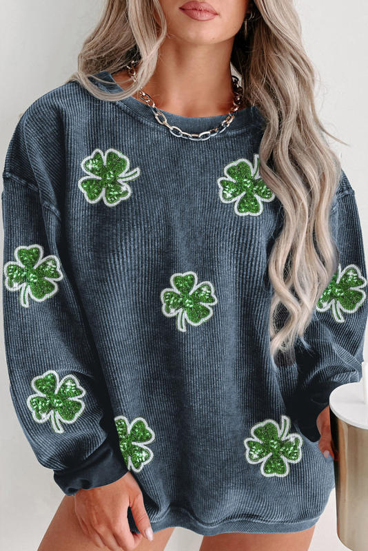 Blue Sequined Clover Patch Graphic Corded Curvy Sweatshirt